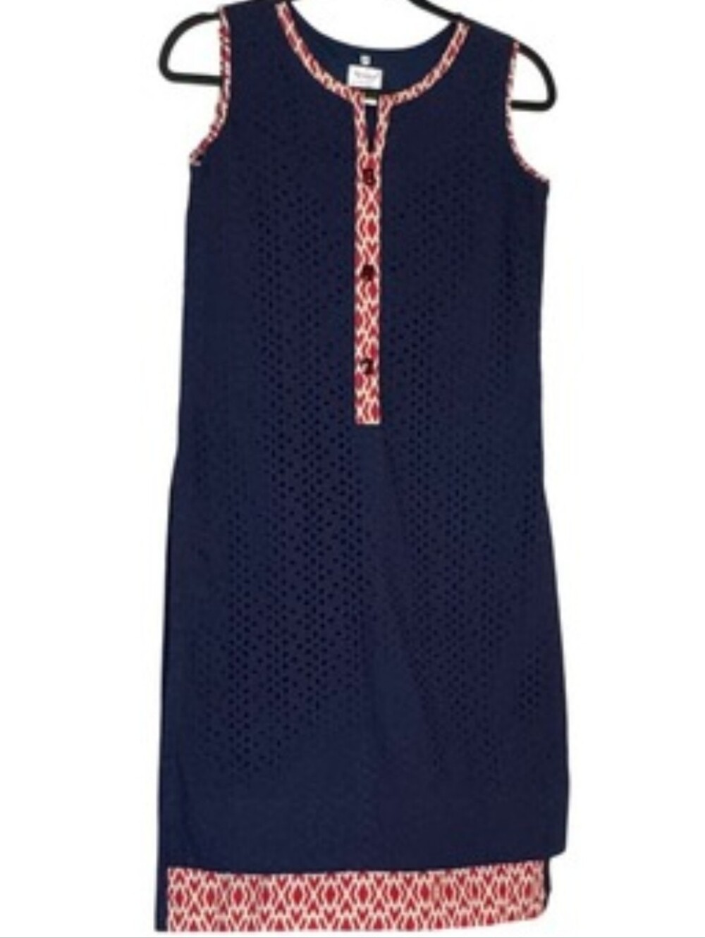 Sheep Navy Blue Eyelet Sleeveless Tunic Shirt Red Geometric Trim XS